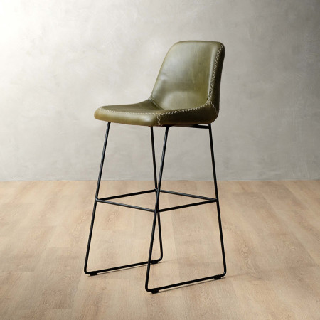 Hand-Stitched Tall Leather Bar Chair - Olive - 1