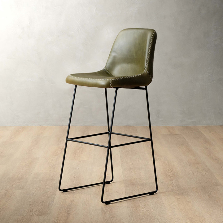 Hand-Stitched Tall Leather Bar Chair - Olive - 1