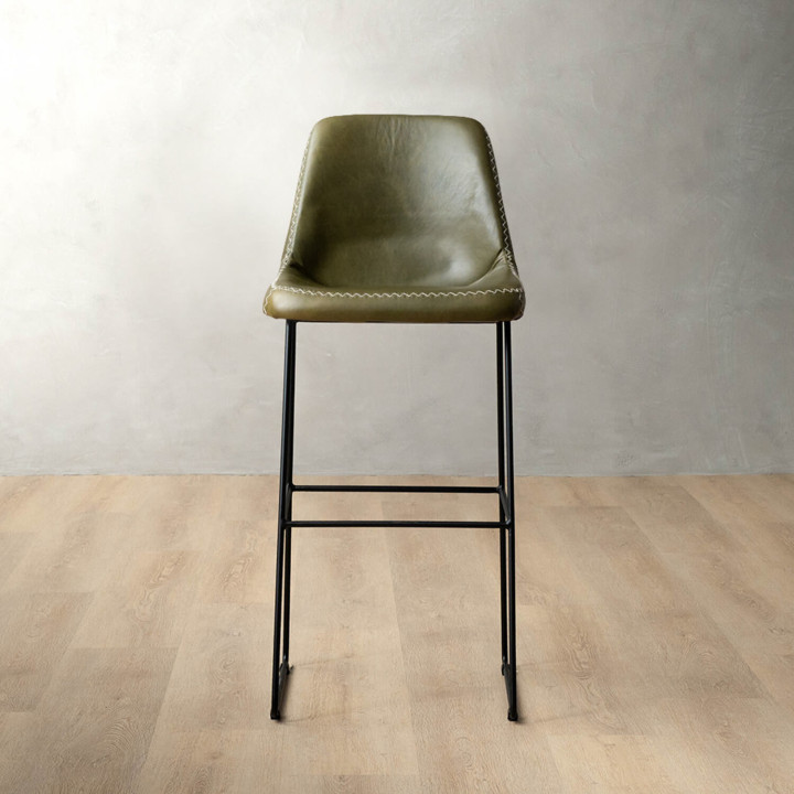 Hand-Stitched Tall Leather Bar Chair - Olive - 2