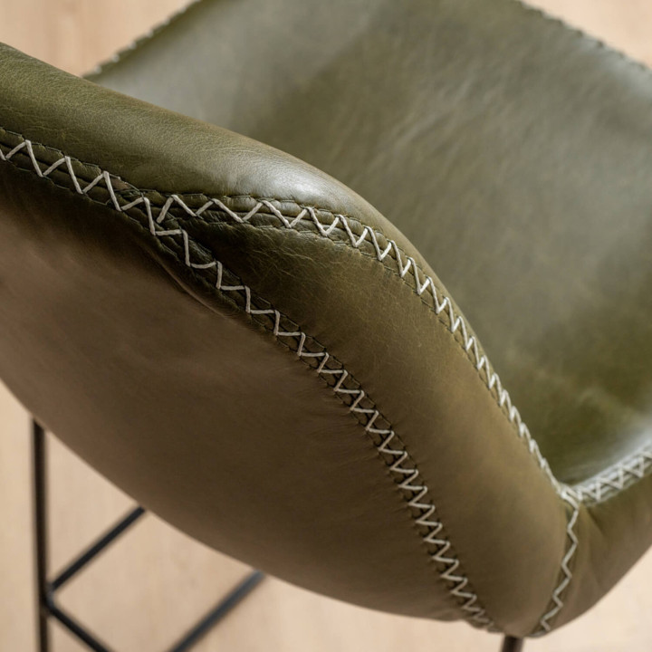 Hand-Stitched Tall Leather Bar Chair - Olive - 6