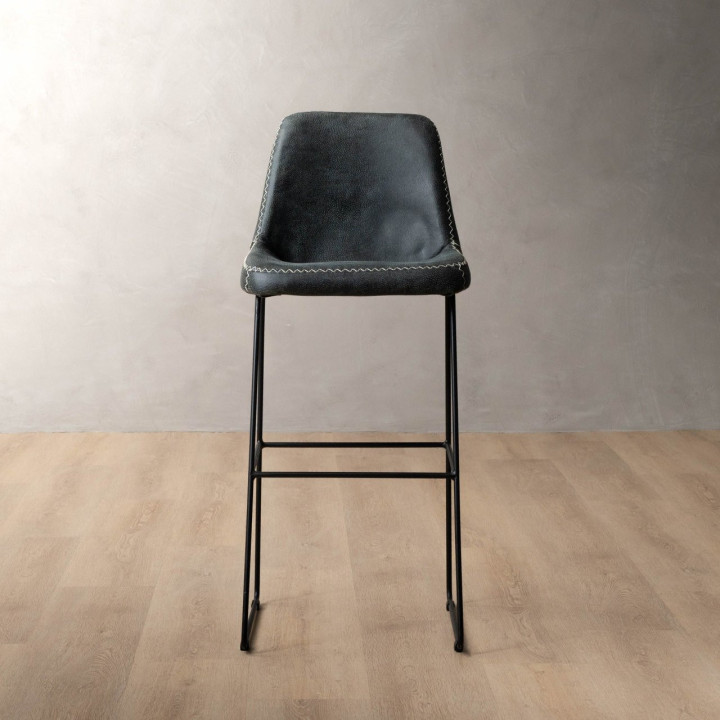 Hand-Stitched Tall Leather Bar Chair - Midnight - 2