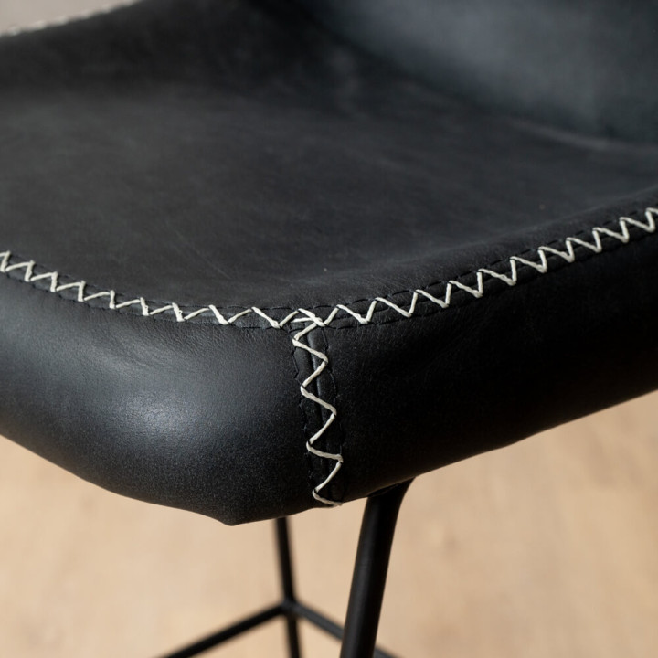 Hand-Stitched Tall Leather Bar Chair - Black - 5