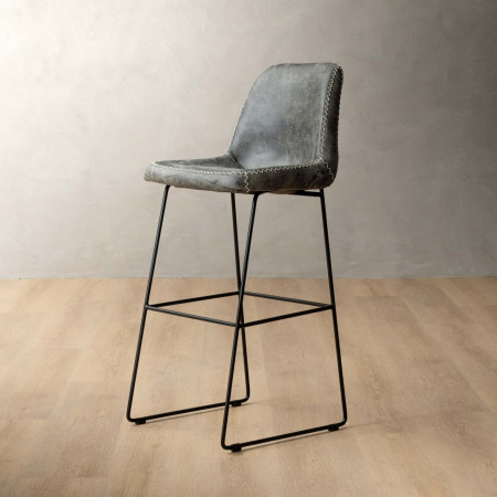 Hand-Stitched Tall Leather Bar Chair - Charcoal