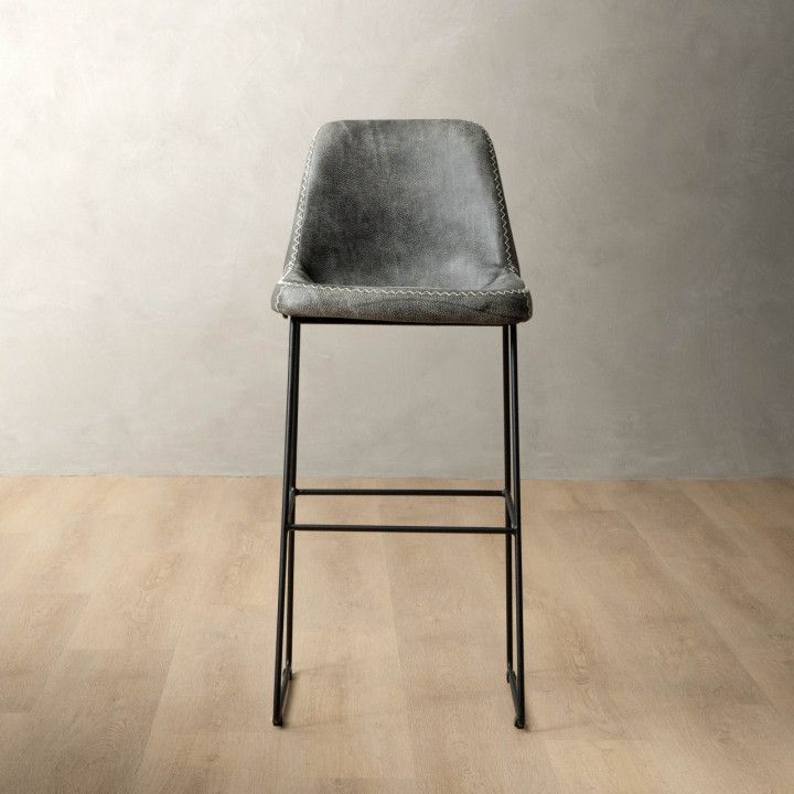 Hand-Stitched Tall Leather Bar Chair - Charcoal - 2