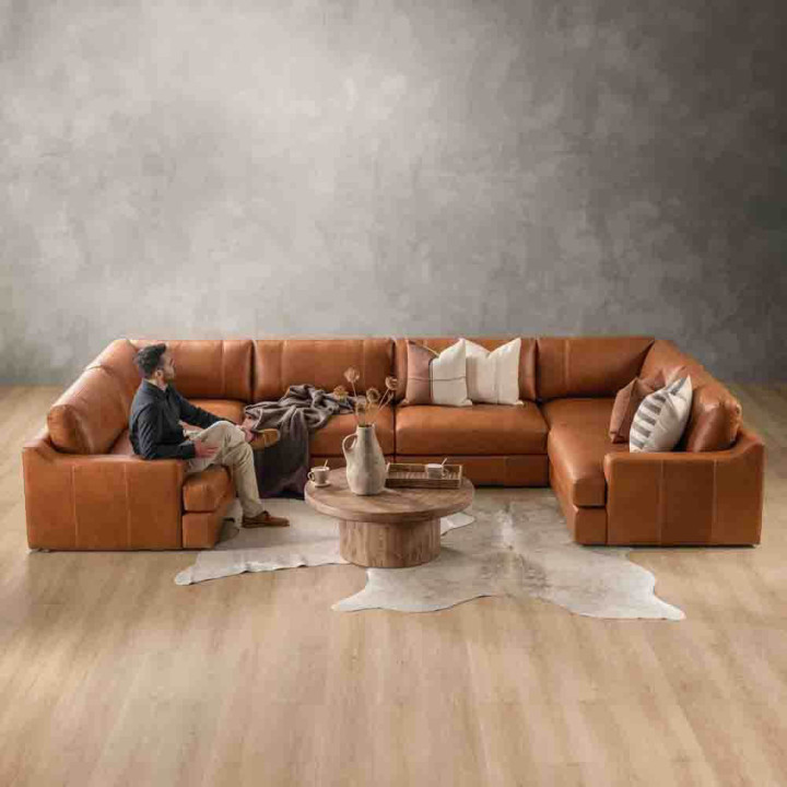 Windermere Modular Leather U-Shape Couch - Tan - 2