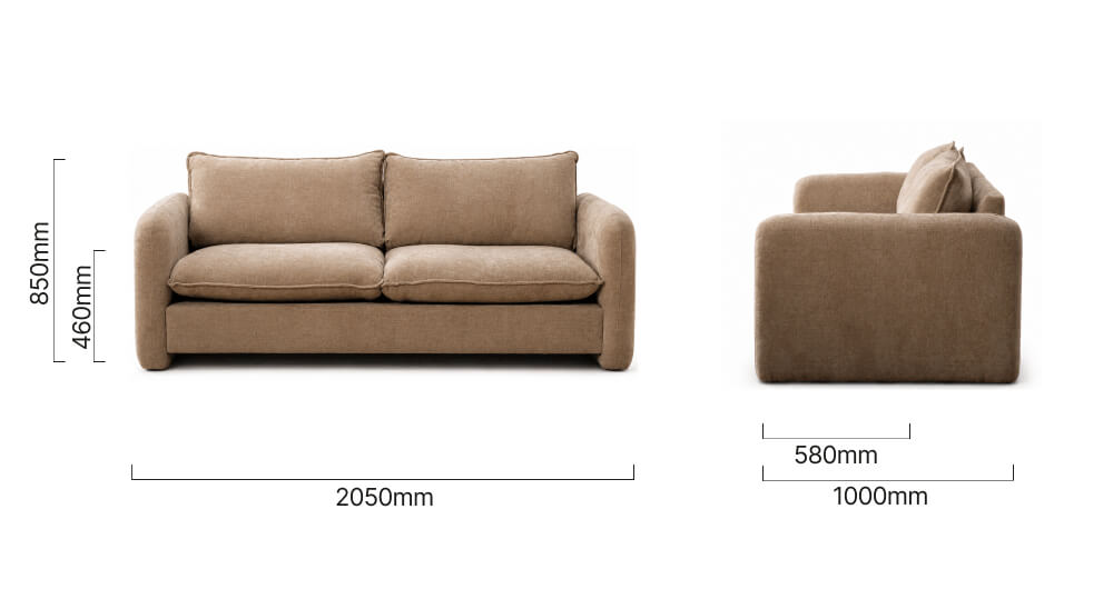 Mokoro 3 Seater Fabric Couch Sand Wave Dimensions