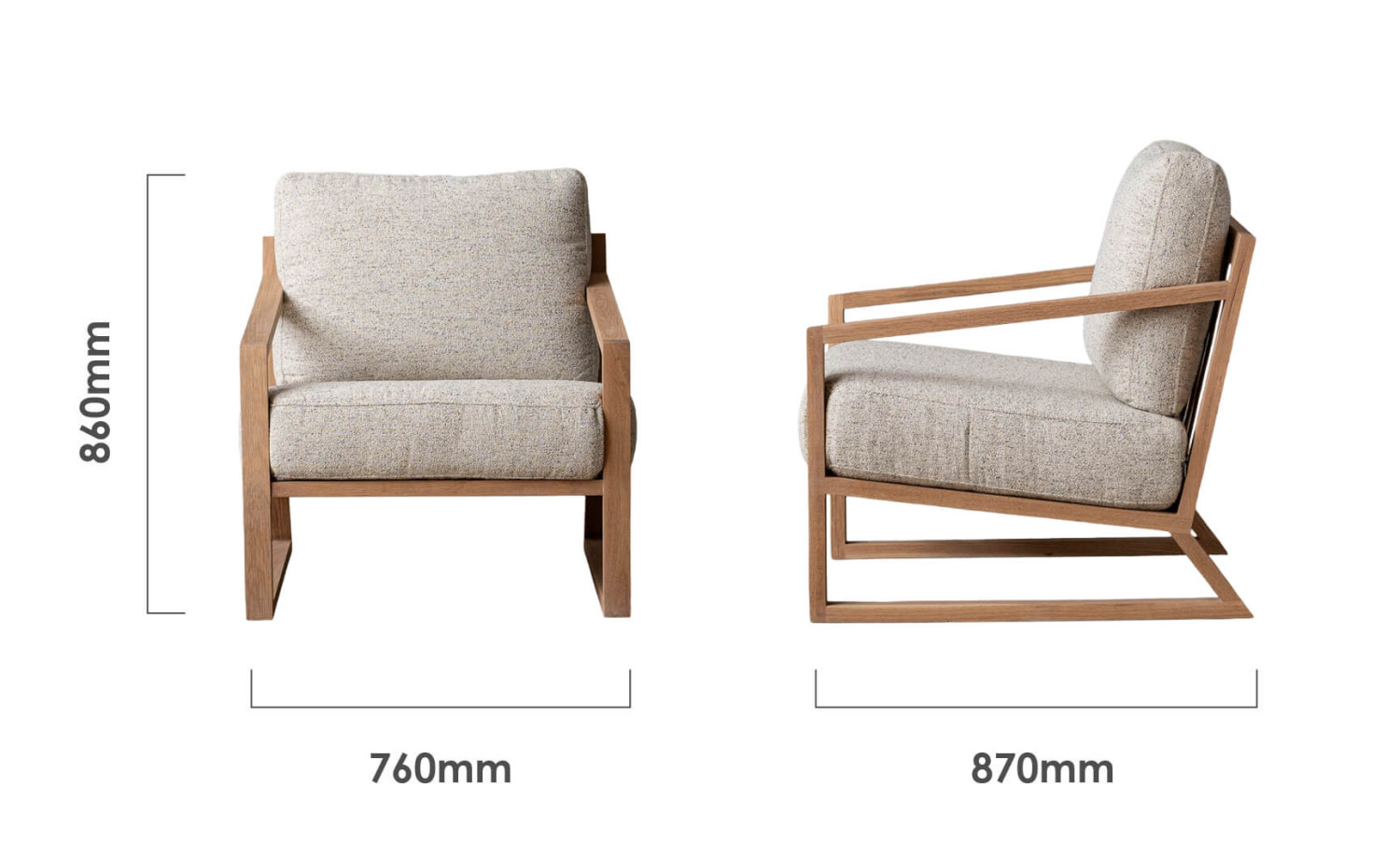 Clarens Fabric Armchair Oak Sandstone Dimensions