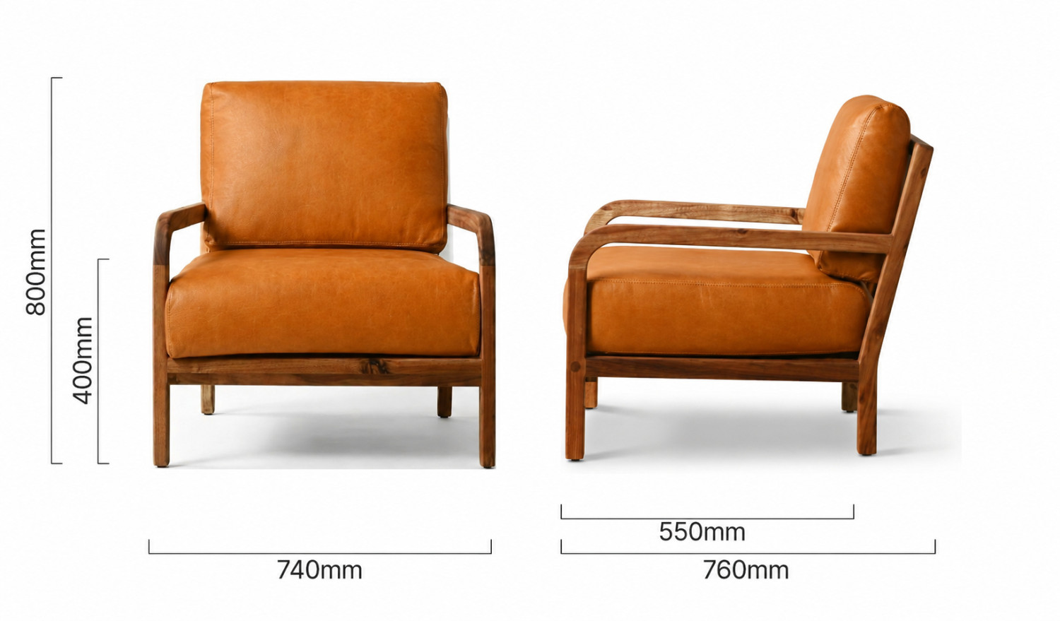 Vrede Leather Armchair Blackwood Ginger Dimensions