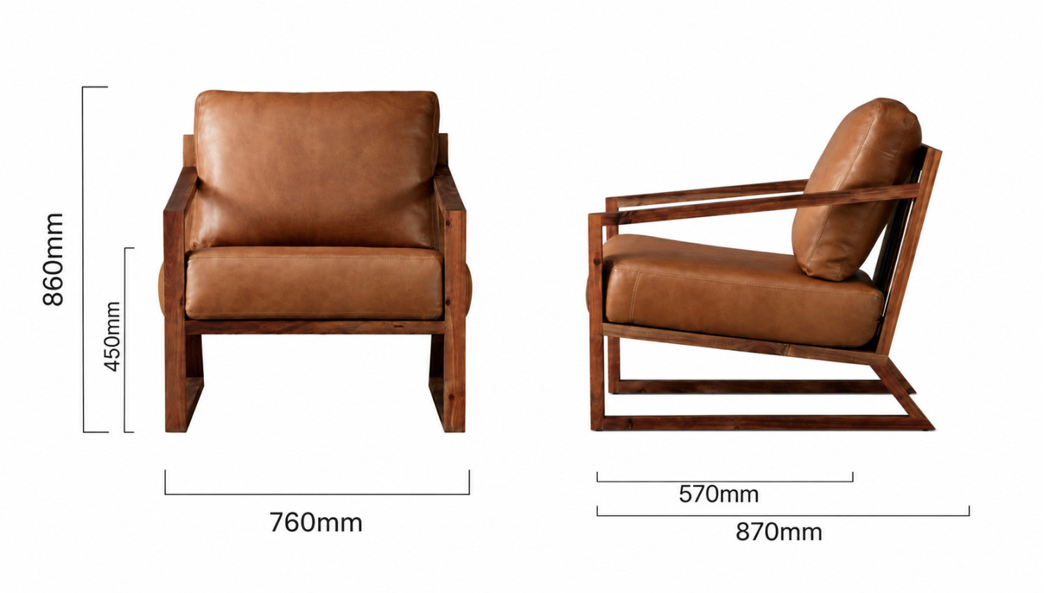 Clarens Leather Armchair Blackwood Ginger Dimensions