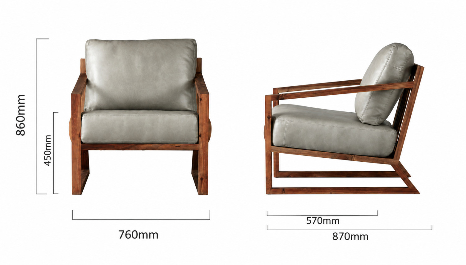 Clarens Leather Armchair Blackwood Grey Dimensions