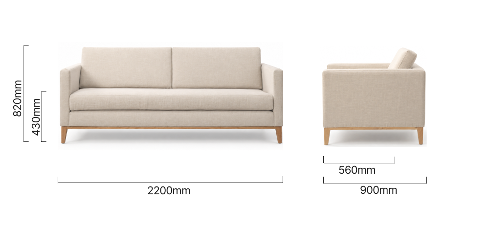 Cape Town 3-Seater Fabric Couch Juniper Stone Dimensions