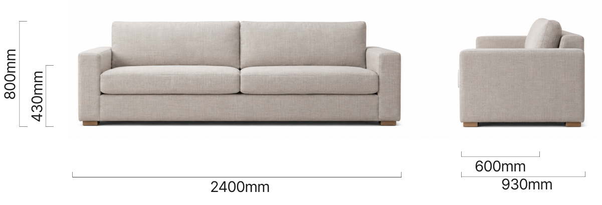 Clanwilliam 4-Seater Fabric Couch - Dusted Taupe Dimensions