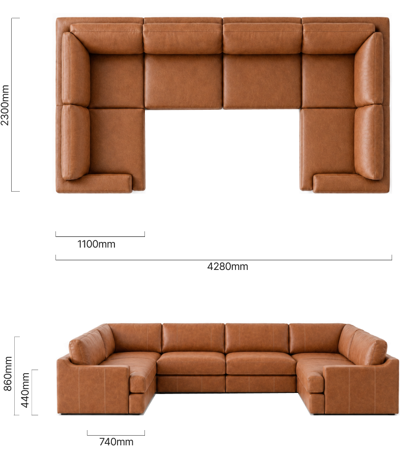 Windermere U-Shape Leather Couch Cinnamon