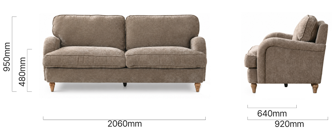 Chenavé 3-Seater Fabric Couch Fossil Wave Dimensions