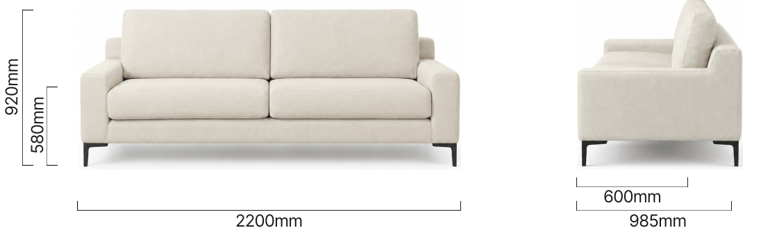 Tulbagh 3 Seater Fabric Couch Buttermilk Dimensions