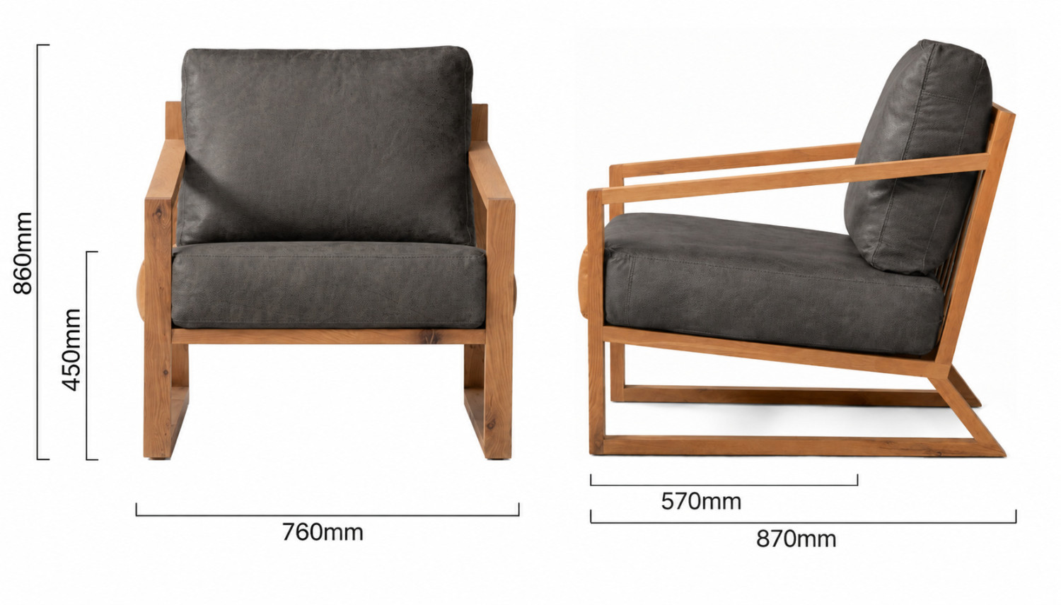 Clarens Leather Armchair Oak Charcoal Dimensions