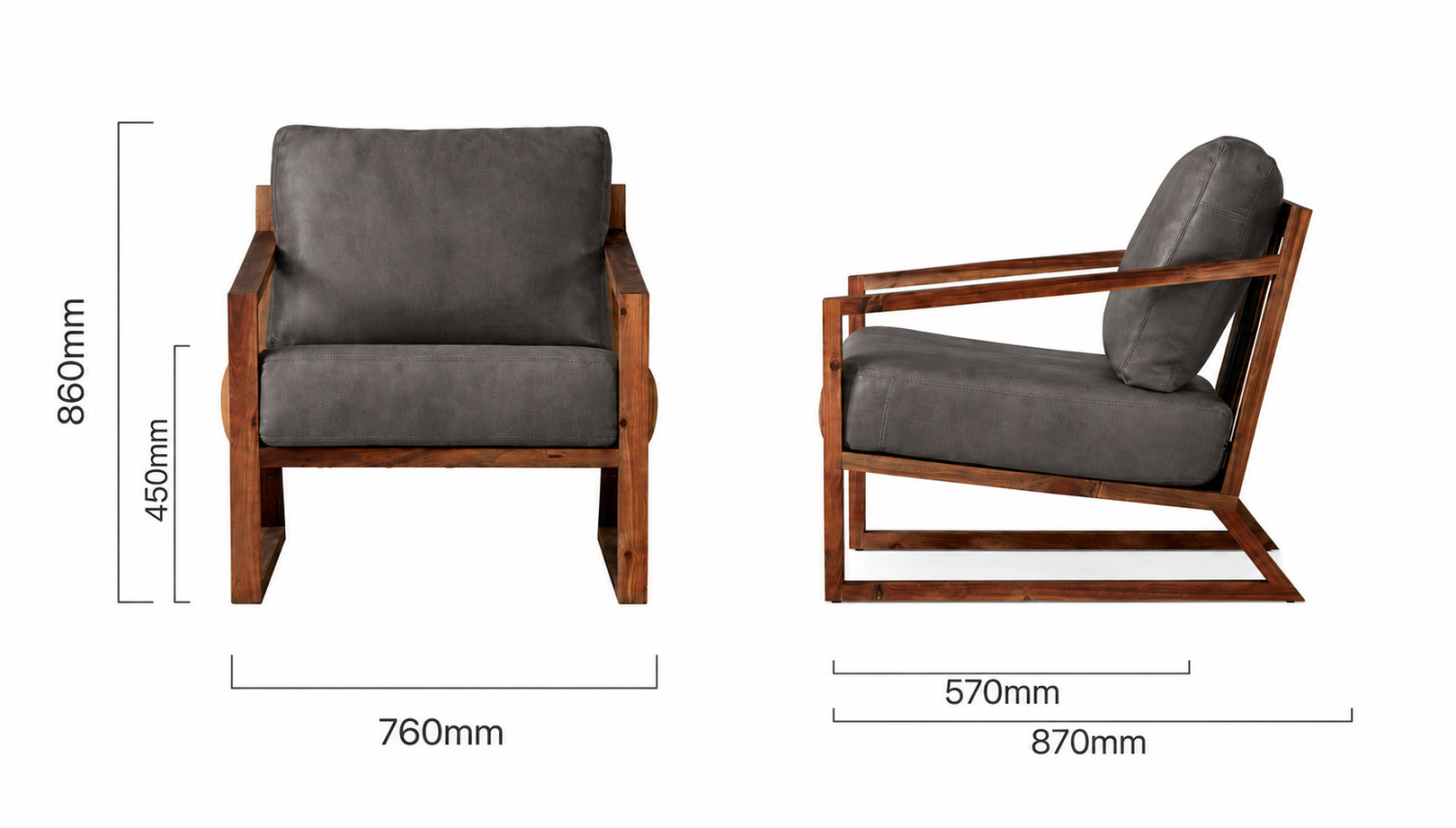 Clarens Leather Armchair Blackwood Charcoal Dimensions