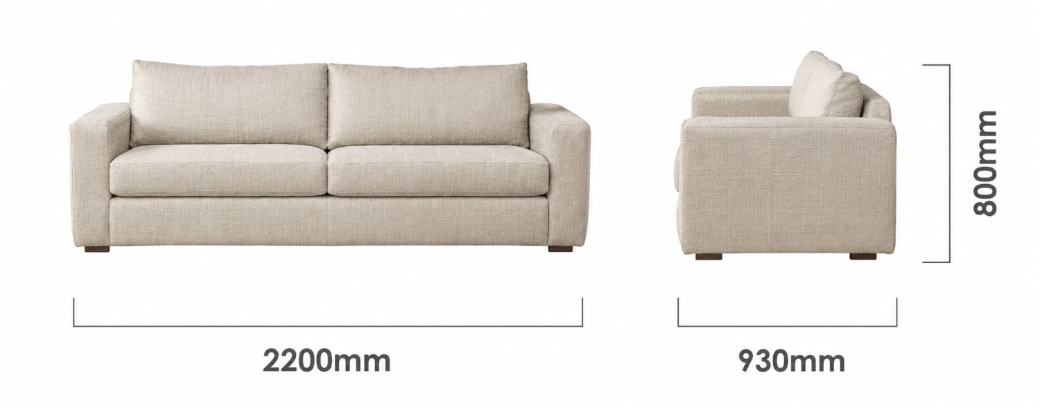 Clanwilliam 3 Seater Fabric Couch Sea Sand Dimensions