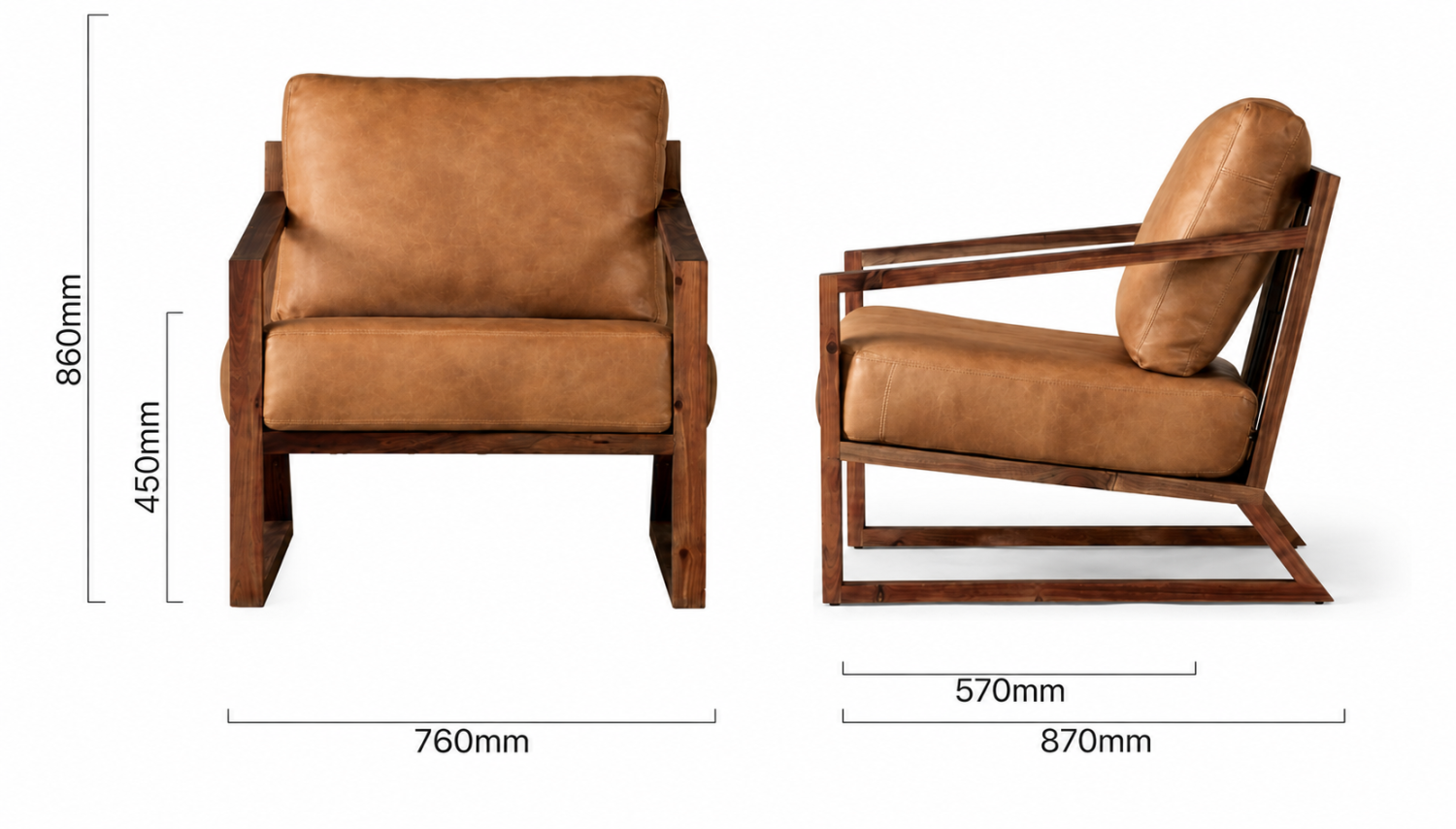 Clarens Leather Armchair Blackwood Caramel Dimensions