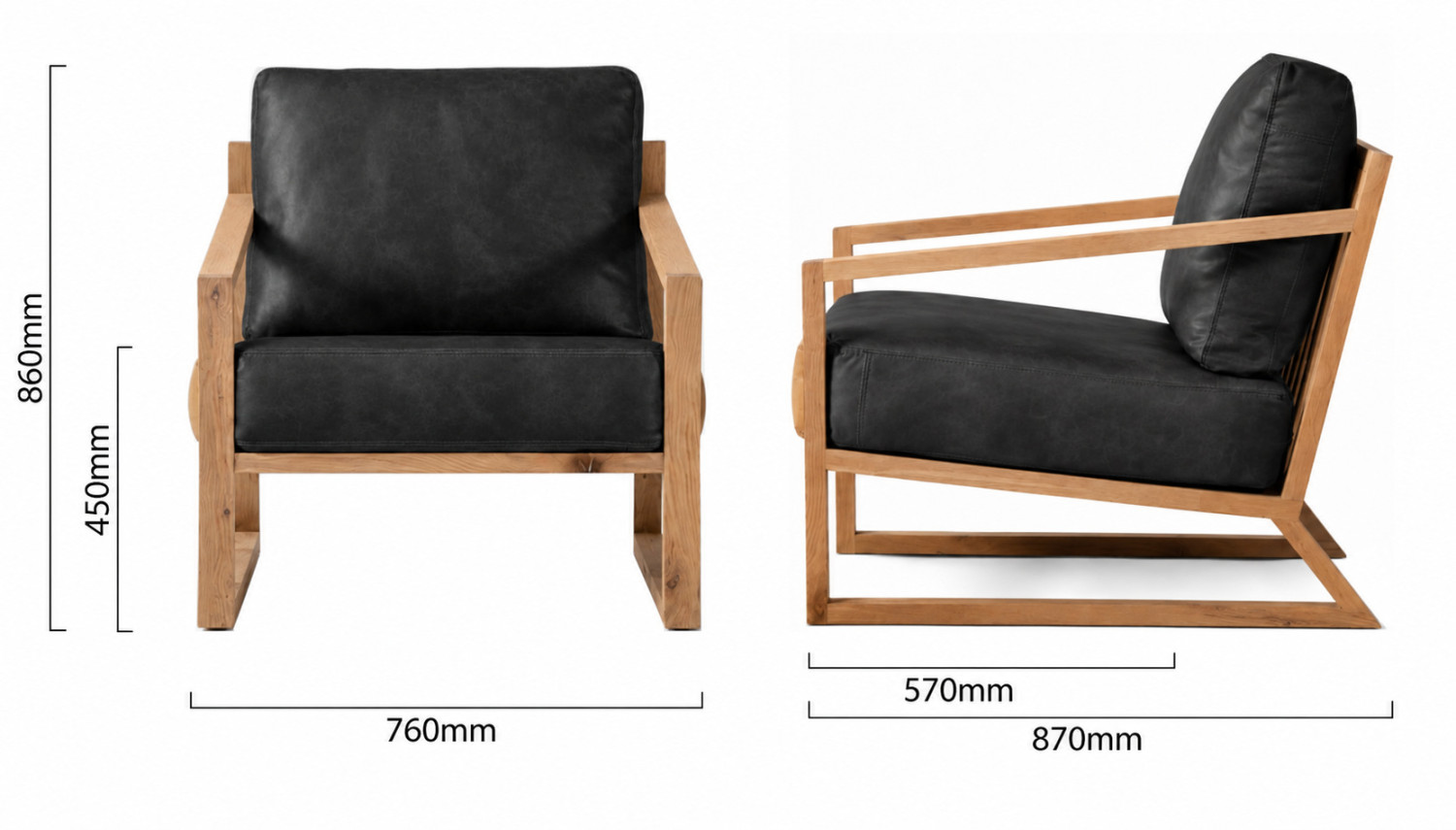 Clarens Leather Armchair Oak Black Dimensions