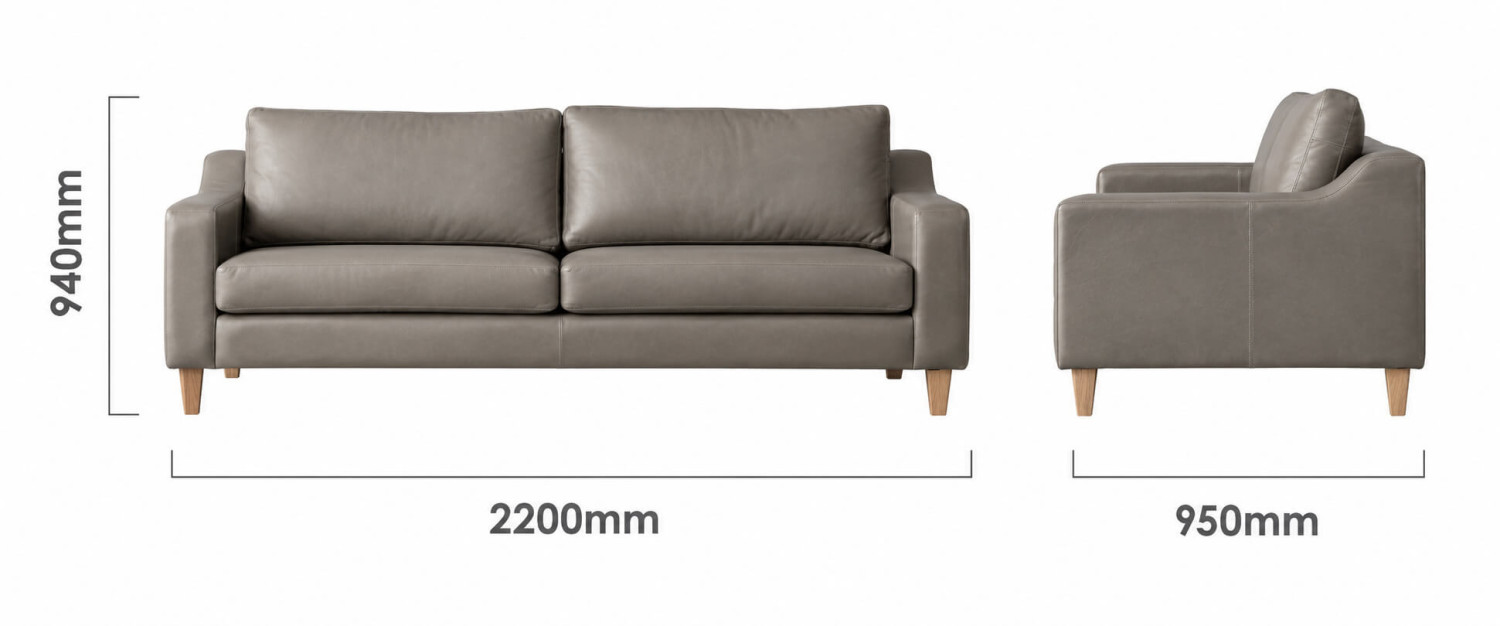 Douglas 3 Seater Leather Couch Grey Dimensions