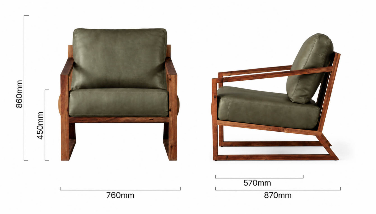 Clarens Leather Armchair Blackwood Olive Dimensions