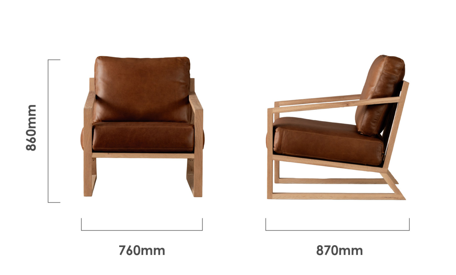 Clarens Leather Armchair Oak Butterscotch Dimensions