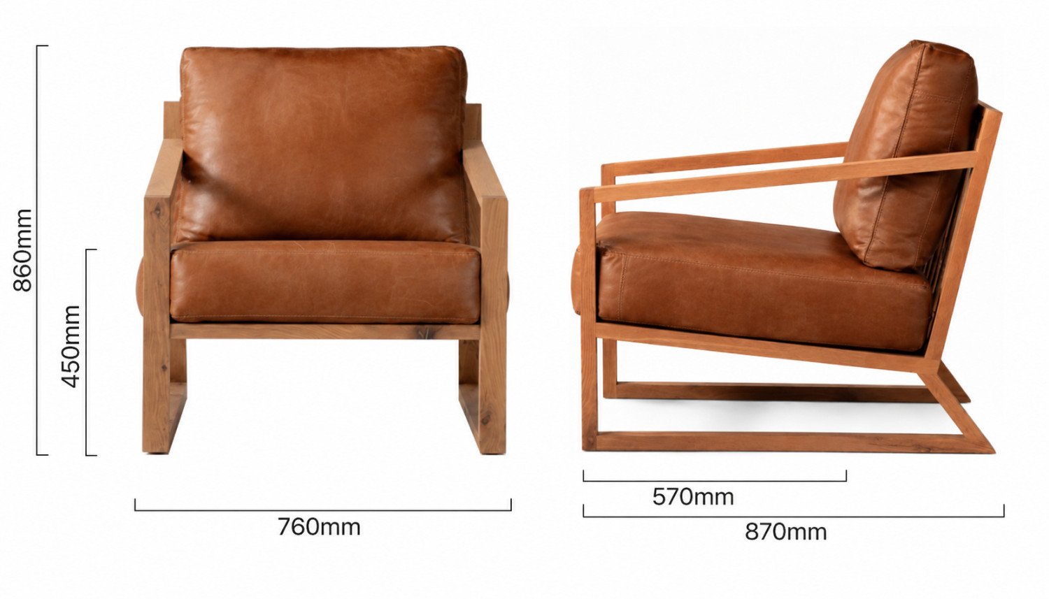 Clarens Leather Armchair Oak Ginger Dimensions