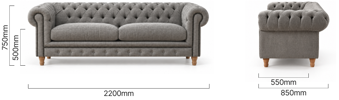 Chesterfield 3 Seater Couch Forest Ash Dimensions