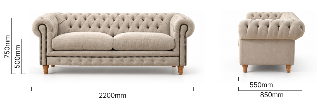 Chesterfield 3 Seater Couch Dusted Taupe Dimensions