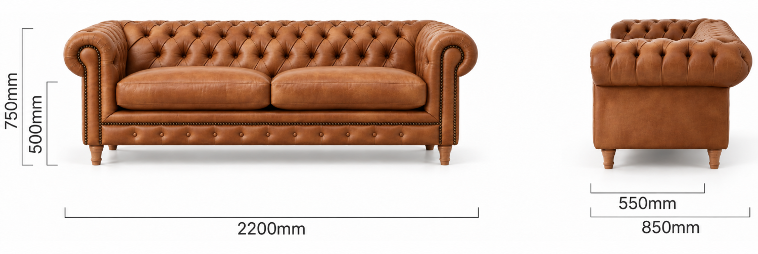 Chesterfield 3 Seater Leather Couch Ginger Dimensions
