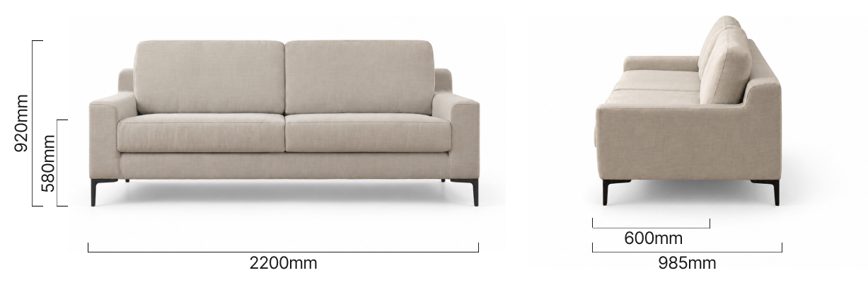 Tulbagh 3 Seater Fabric Couch Juniper Ivory Dimensions