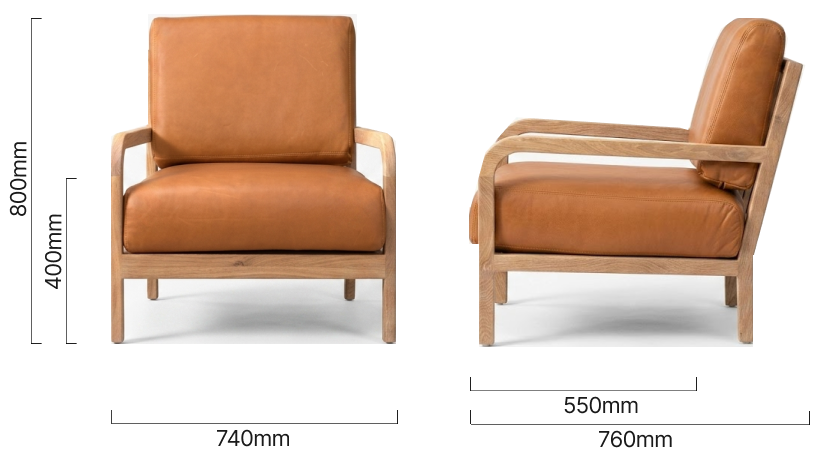 Vrede Leather Armchair Oak Ginger Dimensions