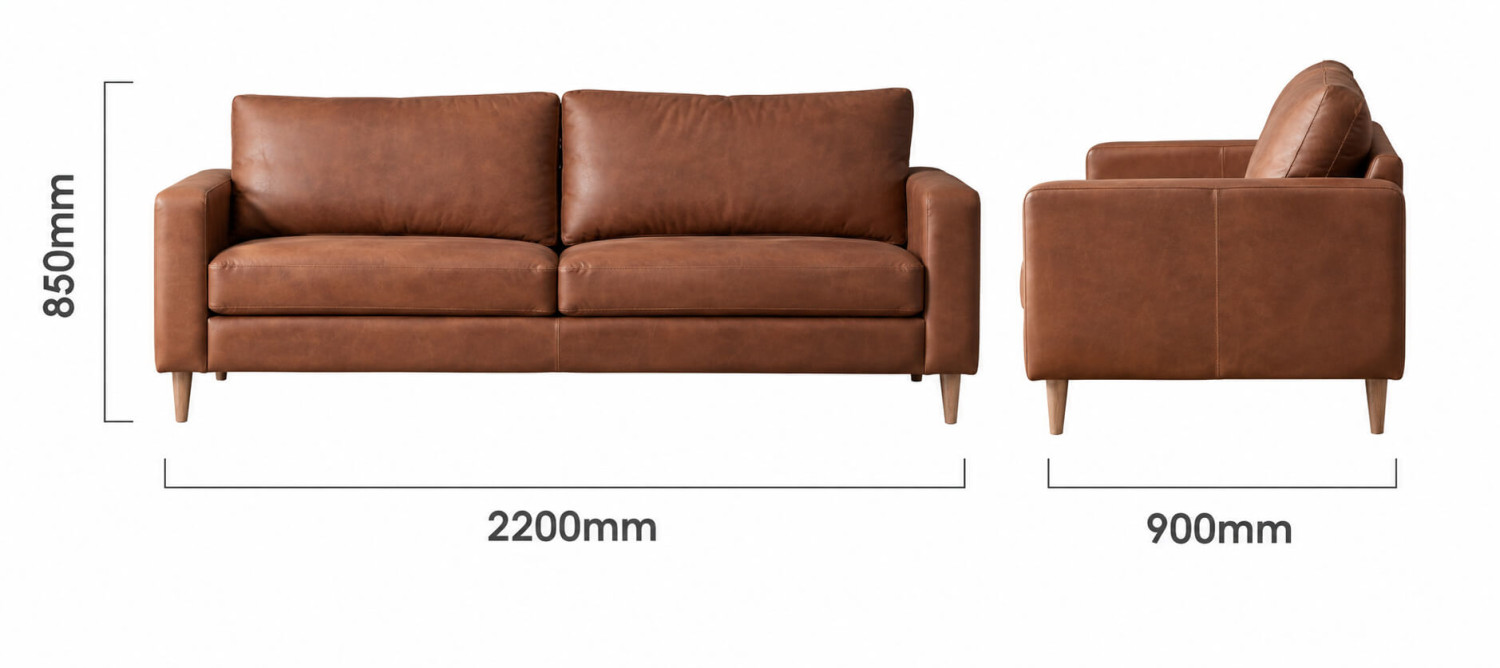 Parys 3 Seater Leather Couch Butterscotch Dimensions