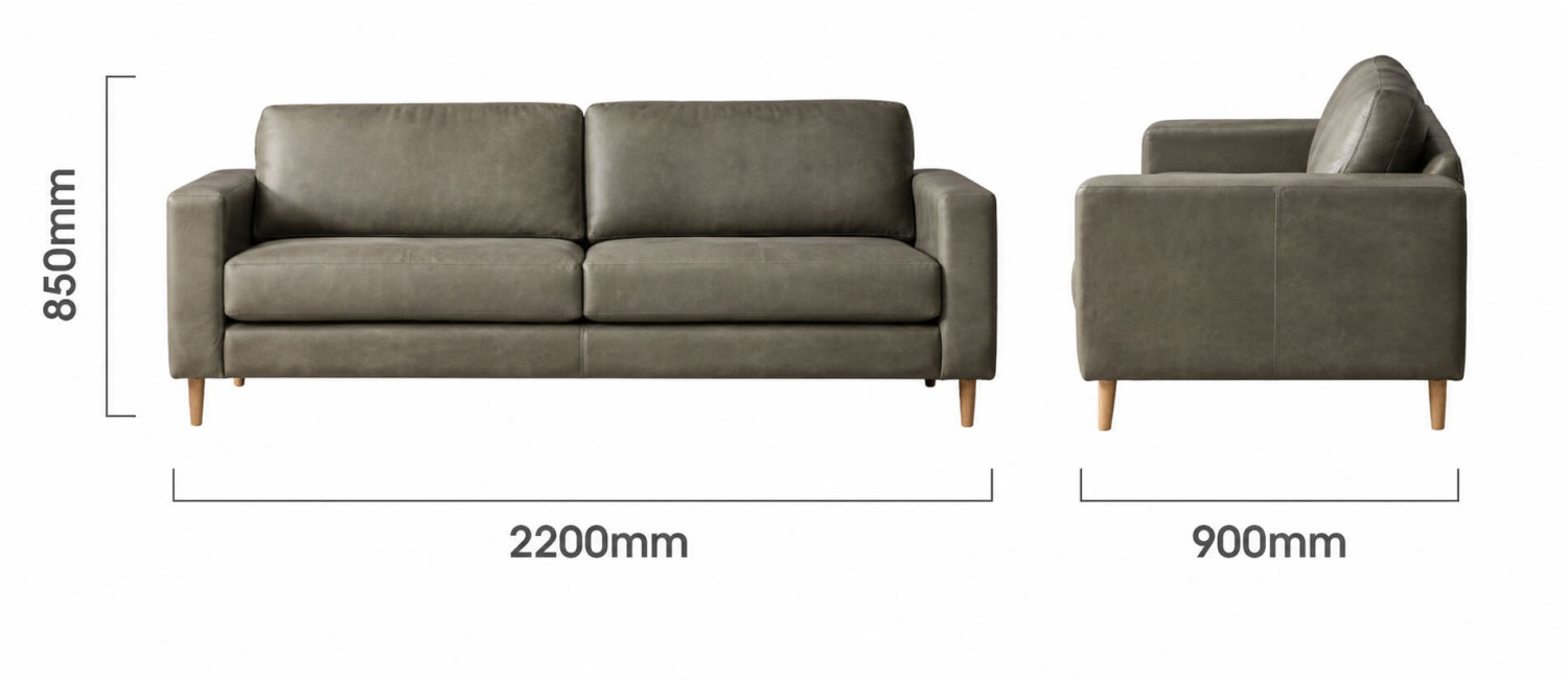Parys 3 Seater Leather Couch Pepper Dimensions