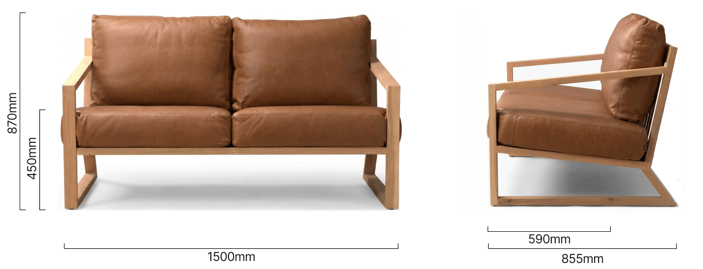 Clarens 2-Seater Leather Couch Oak - Butterscotch Dimensions