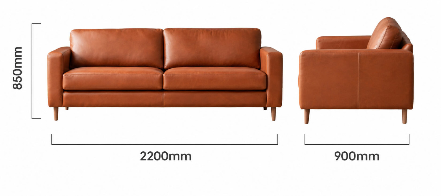 Parys 3 Seater Leather Couch Ginger Dimensions