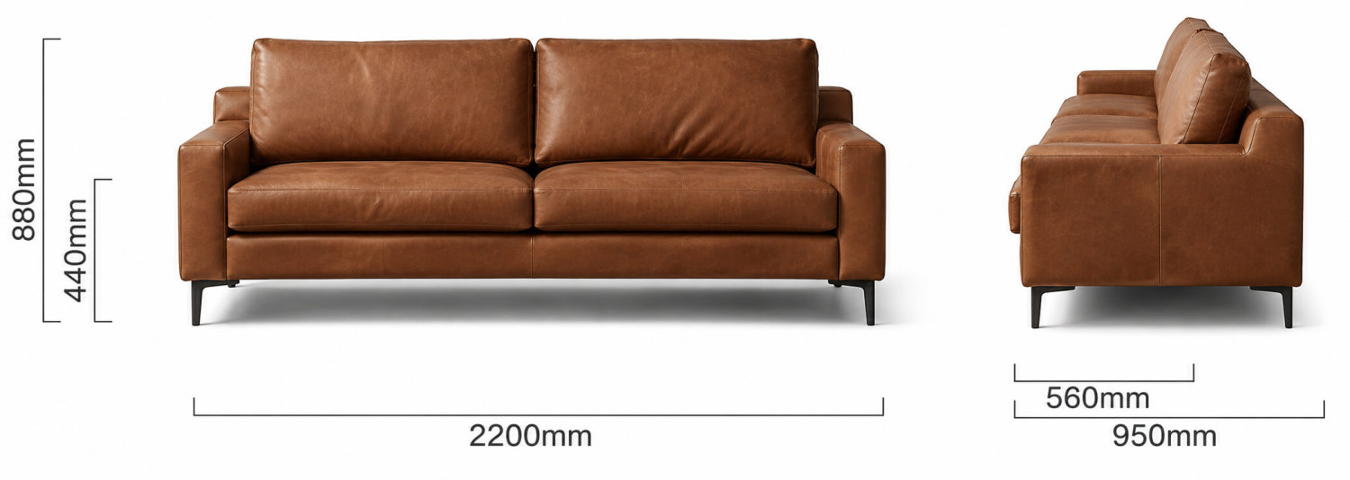 Tulbagh 3 Seater Leather Couch Butterscotch Dimensions