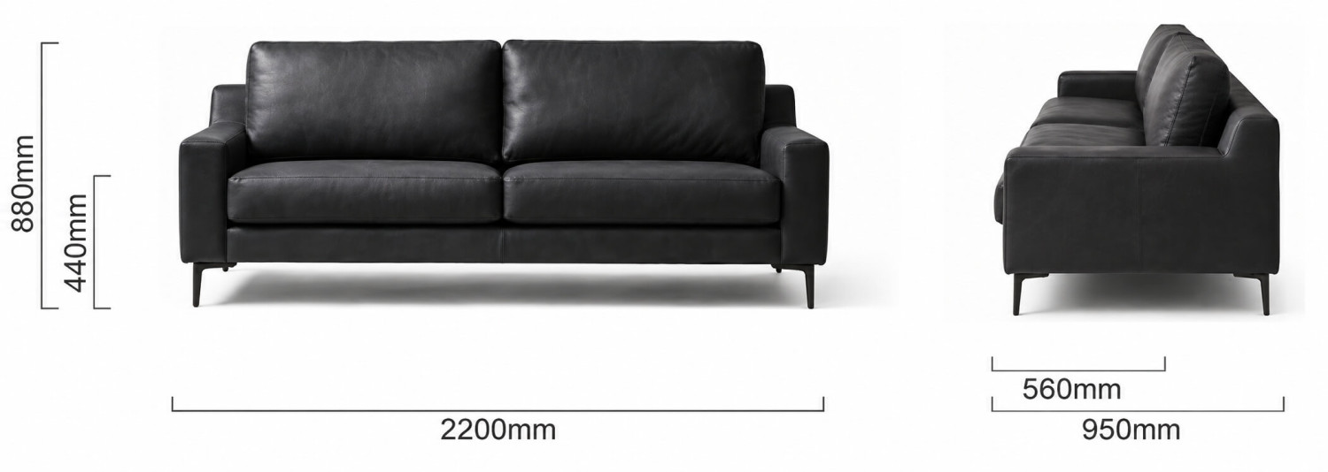 Tulbagh 3 Seater Leather Couch Black Dimensions
