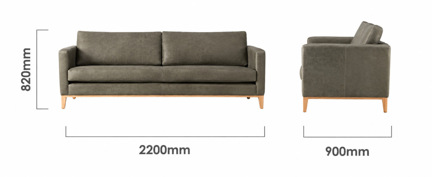 Cape Town 3 Seater Leather Couch Pepper Dimensions