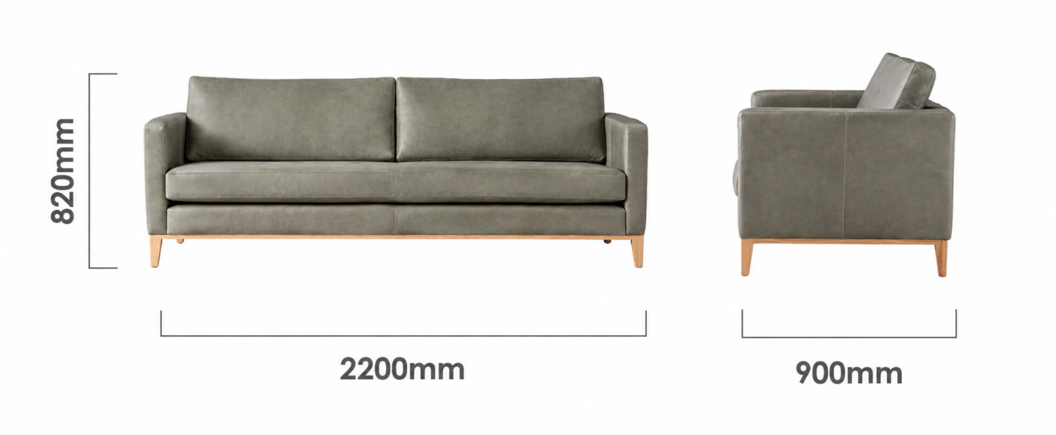 Cape Town 3 Seater Leather Couch Grey Dimensions