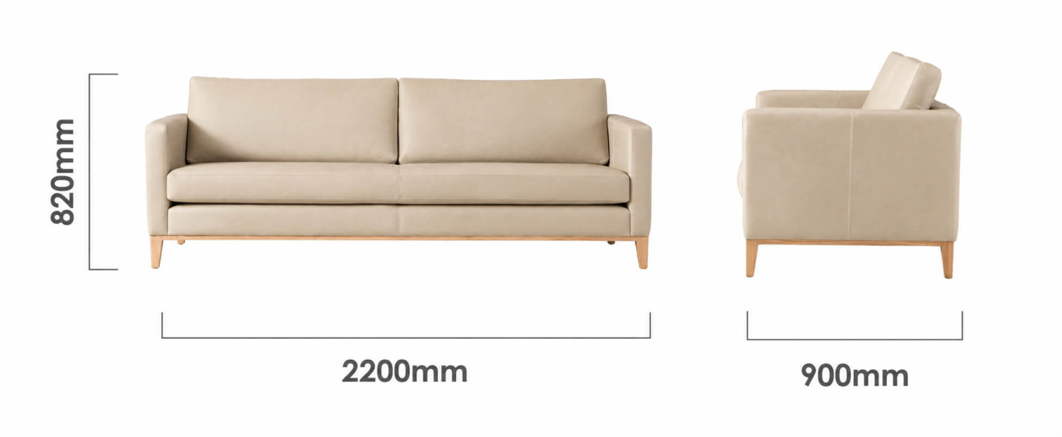 Cape Town 3 Seater Leather Couch Cream Dimensions
