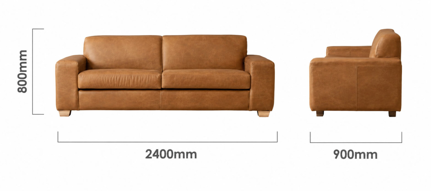 Karoo 3 Seater Leather Couch Caramel Dimensions