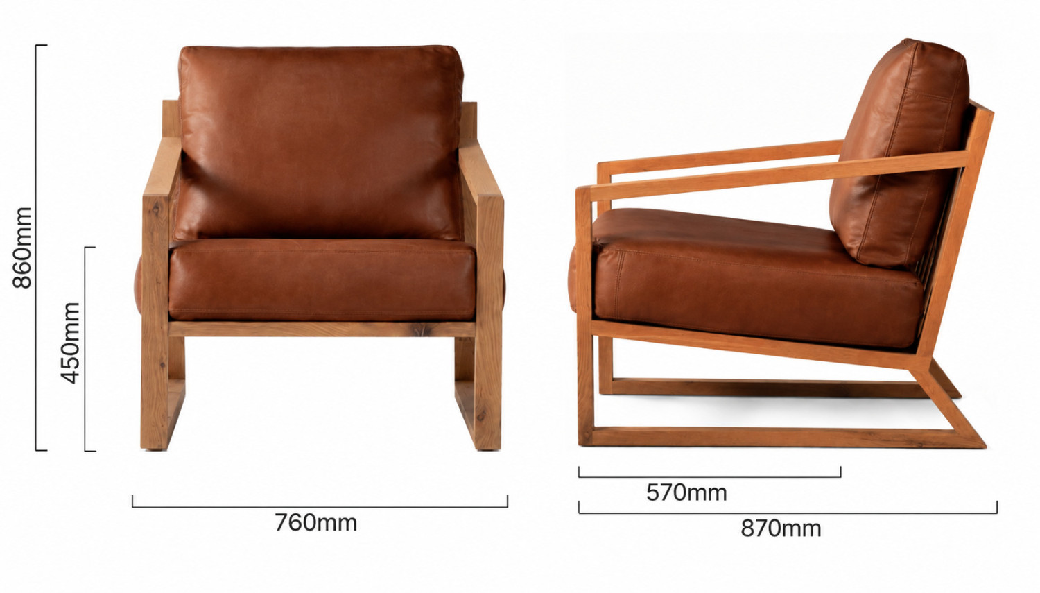 Clarens Leather Armchair Oak Butterscotch Dimensions