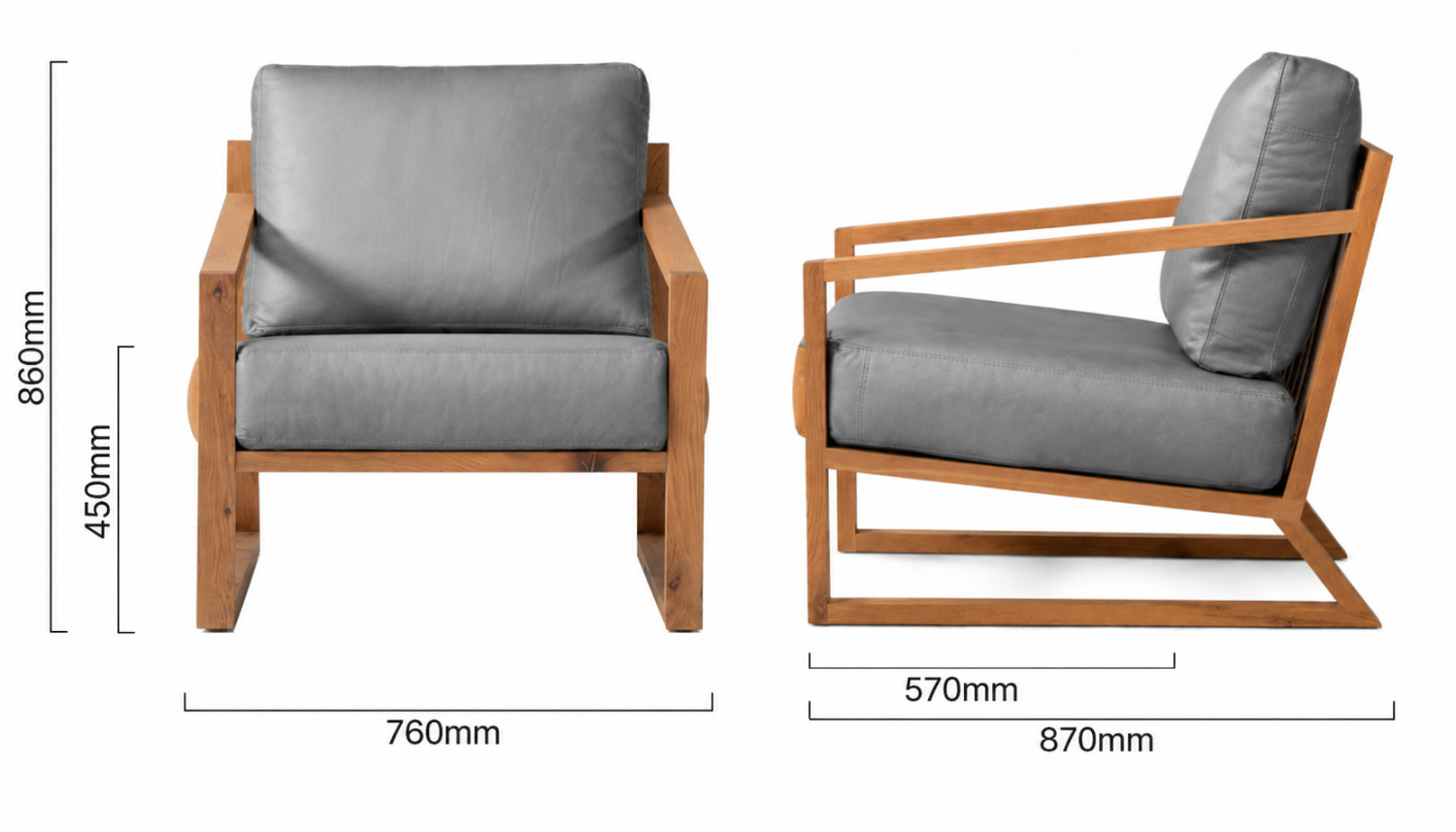 Clarens Leather Armchair Oak Grey Dimensions
