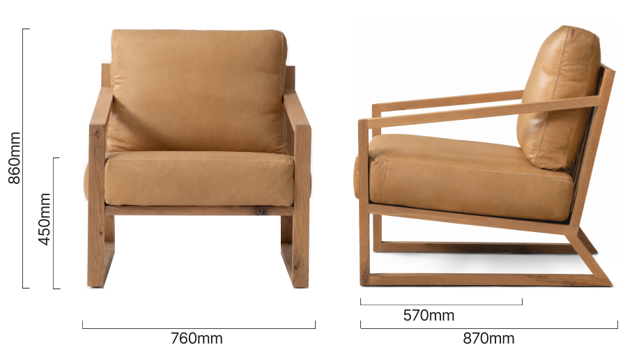 Clarens Leather Armchair Oak Desert Dimensions