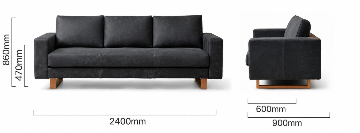 Clarkson 3 Seater Leather Couch Midnight Dimensions