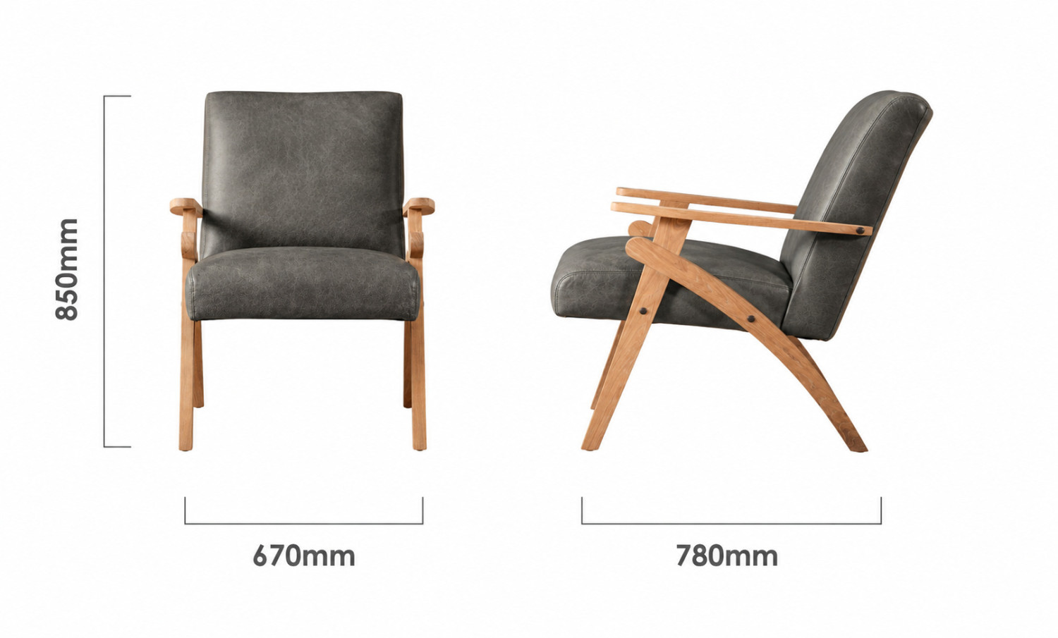 Gariep Leather Armchair Oak Charcoal Dimensions