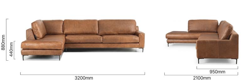 Tulbagh Leather Corner Couch with XL Daybed Left Dimensions