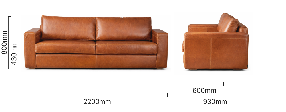 Clanwilliam 3-Seater Leather Couch Ginger Dimensions